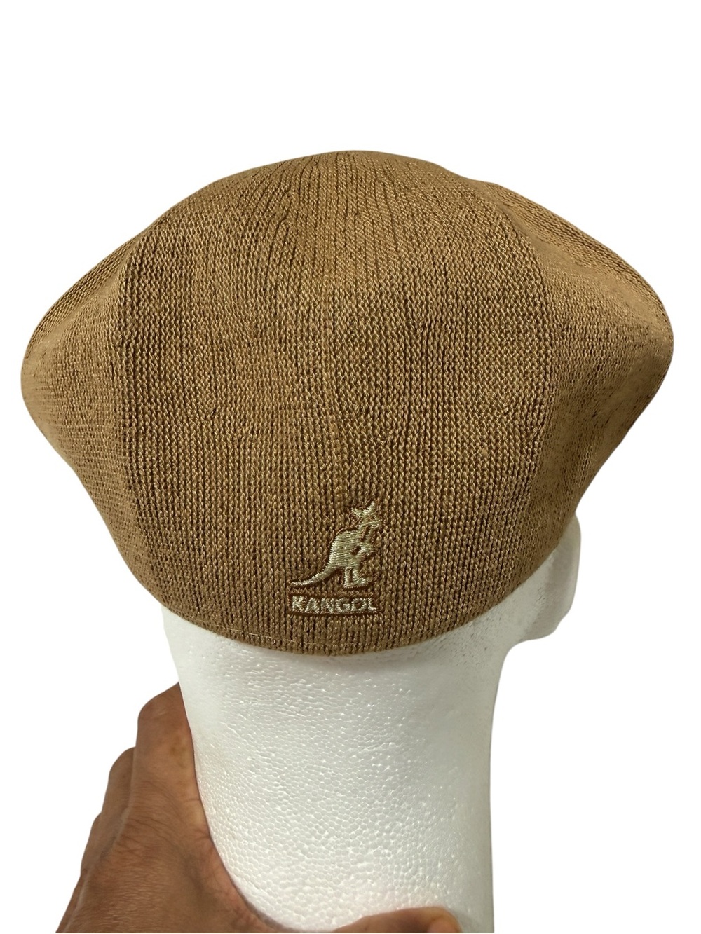 Kangol Camel Brown Knit Beret with Embroidered Kangaroo
